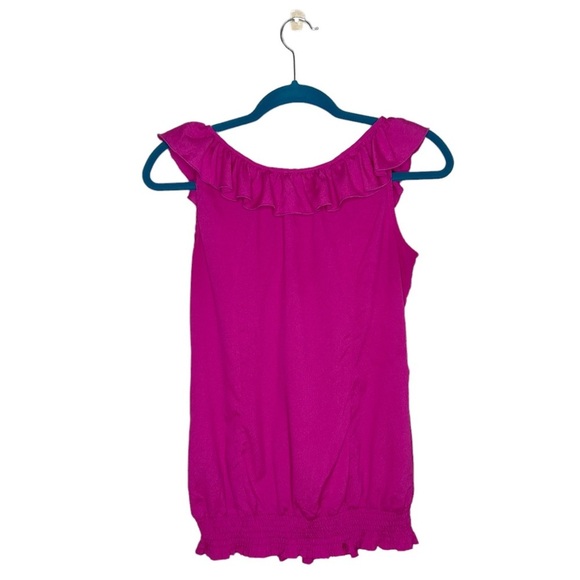 Milano Fuchsia Ruffle Front Smocked Hem Sleeveless Blouse - Picture 9 of 9